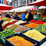 **A vibrant, colorful marketplace scene in the Netherlands. A variety of fresh, seasonal vegetables are displayed alongside various types of legumes like lentils, chickpeas, and beans. People are shopping, selecting produce, and interacting with vendors. The scene conveys a sense of community and healthy eating. Focus on the freshness and variety of the produce.**