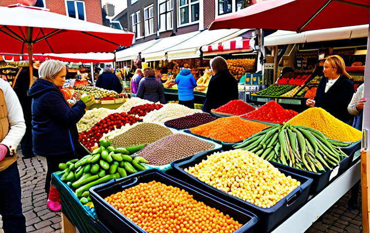 **A vibrant, colorful marketplace scene in the Netherlands. A variety of fresh, seasonal vegetables are displayed alongside various types of legumes like lentils, chickpeas, and beans. People are shopping, selecting produce, and interacting with vendors. The scene conveys a sense of community and healthy eating. Focus on the freshness and variety of the produce.**
