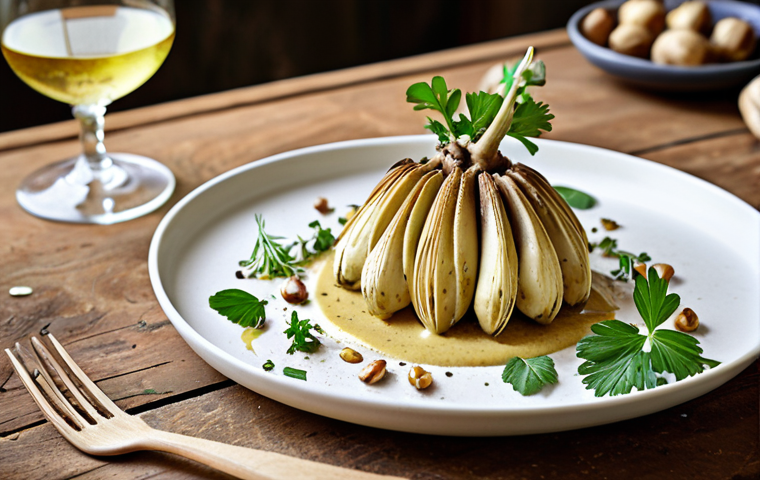 **Image Prompt:** A beautifully plated dish featuring roasted *aardpeer* (Jerusalem artichoke) with hazelnut cream, garnished with fresh herbs, on a rustic wooden table. Focus on earthy tones and natural light, highlighting the textures of the ingredients. A glass of crisp Dutch white wine is subtly placed in the background.