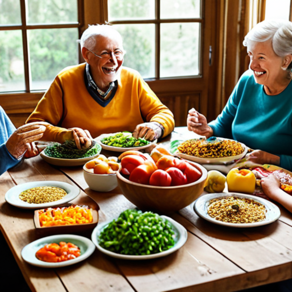 A multi-generational family, including grandparents, parents, and children, is gathered around a rustic wooden table in a sunlit, inviting home setting. They are fully clothed in modest, traditional attire, sharing a wholesome, plant-based meal. The table is laden with simple, colorful dishes featuring locally sourced vegetables, fresh fruits, and whole grains. Everyone is engaged in joyful conversation, eating slowly and mindfully, with no electronic devices visible. The scene highlights community, connection, and the enjoyment of shared, healthy food. Perfect anatomy, correct proportions, natural pose, well-formed hands, proper finger count. Professional photography, high quality, safe for work, appropriate content, family-friendly.