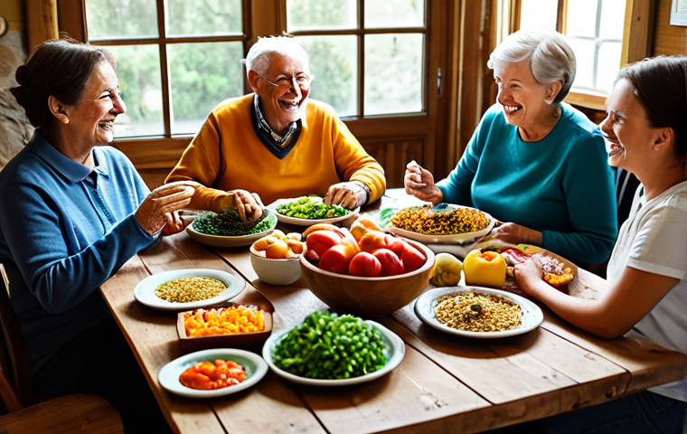 A multi-generational family, including grandparents, parents, and children, is gathered around a rustic wooden table in a sunlit, inviting home setting. They are fully clothed in modest, traditional attire, sharing a wholesome, plant-based meal. The table is laden with simple, colorful dishes featuring locally sourced vegetables, fresh fruits, and whole grains. Everyone is engaged in joyful conversation, eating slowly and mindfully, with no electronic devices visible. The scene highlights community, connection, and the enjoyment of shared, healthy food. Perfect anatomy, correct proportions, natural pose, well-formed hands, proper finger count. Professional photography, high quality, safe for work, appropriate content, family-friendly.