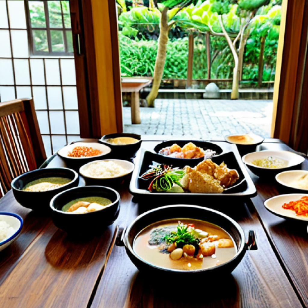 Okinawan Feast**
A wooden table laden with a colorful Okinawan meal. Dishes include miso soup, natto, stir-fried tofu with vegetables, and sweet potatoes. Bowls are handcrafted pottery. Soft, natural sunlight streams in from a nearby window. Fully clothed people (details not visible) are implied to be enjoying the meal. Professional food photography, perfect anatomy of the food items, correct proportions of the dishes, safe for work, appropriate content, fully clothed, family-friendly, high resolution.
**