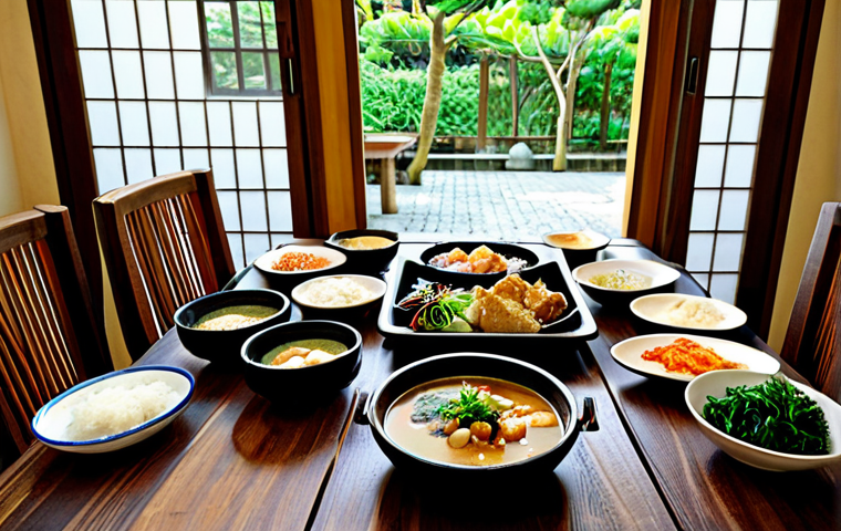 Okinawan Feast**
A wooden table laden with a colorful Okinawan meal. Dishes include miso soup, natto, stir-fried tofu with vegetables, and sweet potatoes. Bowls are handcrafted pottery. Soft, natural sunlight streams in from a nearby window. Fully clothed people (details not visible) are implied to be enjoying the meal. Professional food photography, perfect anatomy of the food items, correct proportions of the dishes, safe for work, appropriate content, fully clothed, family-friendly, high resolution.
**