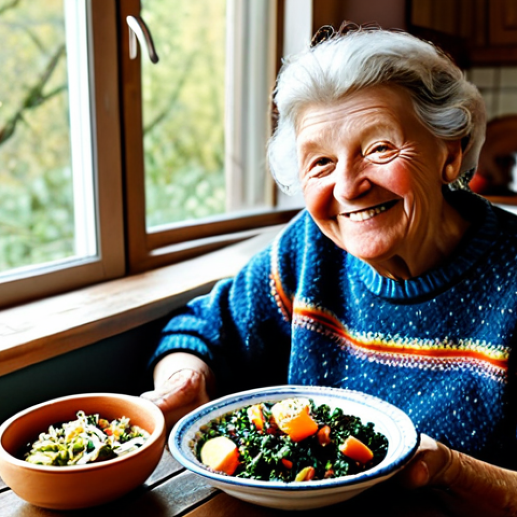 **
"A vibrant and colorful Dutch 'stamppot' with generous portions of various mixed vegetables, including kale, carrots, and onions, served in a rustic ceramic bowl. A smiling, elderly woman with kind eyes, fully clothed in a comfortable, patterned sweater, is shown enjoying the meal in a bright, cozy kitchen setting. Natural light streams in from a nearby window. Side dishes of herring and apple sauce are visible. Safe for work, appropriate content, fully clothed, professional, modest, family-friendly, perfect anatomy, correct proportions, natural pose, well-formed hands, proper finger count, natural body proportions, high quality, digital art, 8k resolution."
**