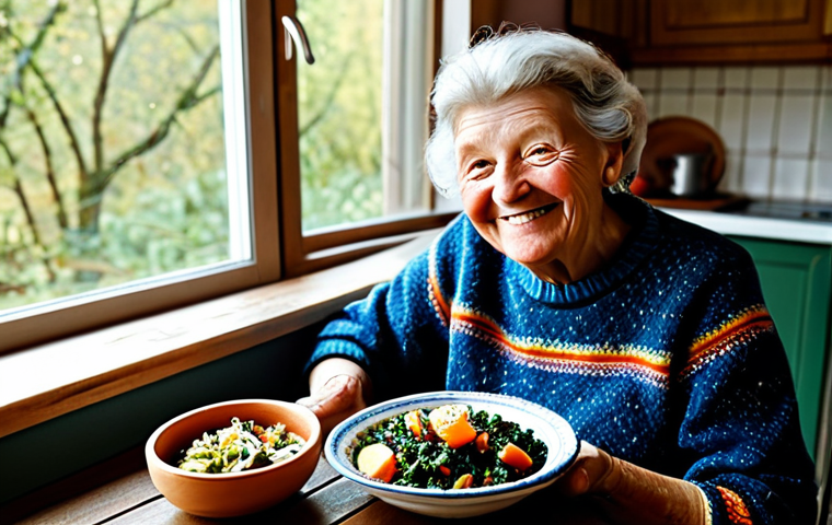**
"A vibrant and colorful Dutch 'stamppot' with generous portions of various mixed vegetables, including kale, carrots, and onions, served in a rustic ceramic bowl. A smiling, elderly woman with kind eyes, fully clothed in a comfortable, patterned sweater, is shown enjoying the meal in a bright, cozy kitchen setting. Natural light streams in from a nearby window. Side dishes of herring and apple sauce are visible. Safe for work, appropriate content, fully clothed, professional, modest, family-friendly, perfect anatomy, correct proportions, natural pose, well-formed hands, proper finger count, natural body proportions, high quality, digital art, 8k resolution."
**