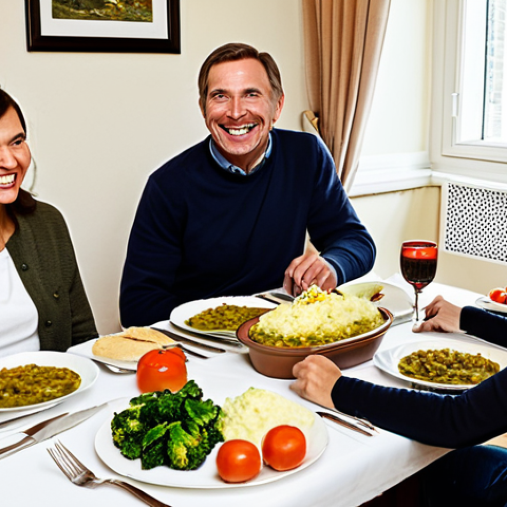 A Family Dinner Scene**
"A cozy, warm dining room in a Dutch home. A family of four is gathered around a table laden with a simple, healthy meal featuring 'stamppot' (mashed potatoes with vegetables), with 'rookworst' (smoked sausage). The scene is well-lit, showing happy faces and a sense of connection. The people are fully clothed in comfortable, everyday attire. Safe for work, appropriate content, fully clothed, professional photography, family-friendly, perfect anatomy, correct proportions, natural pose, high quality."
**