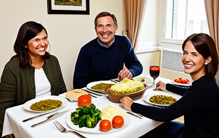 A Family Dinner Scene**

"A cozy, warm dining room in a Dutch home. A family of four is gathered around a table laden with a simple, healthy meal featuring 'stamppot' (mashed potatoes with vegetables), with 'rookworst' (smoked sausage). The scene is well-lit, showing happy faces and a sense of connection. The people are fully clothed in comfortable, everyday attire. Safe for work, appropriate content, fully clothed, professional photography, family-friendly, perfect anatomy, correct proportions, natural pose, high quality."

**