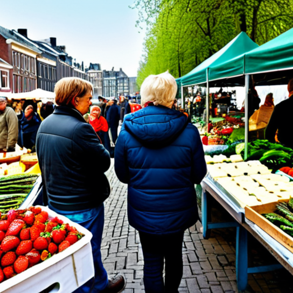 Local Market Scene**

"A bustling Dutch 'boerenmarkt' (farmers market) scene, filled with vendors selling fresh, seasonal produce: asparagus, strawberries, and local cheeses. People are browsing, talking, and buying food. Safe for work, appropriate content, fully clothed. Professional photography, natural lighting, high resolution, perfect anatomy, correct proportions, family-friendly."

**