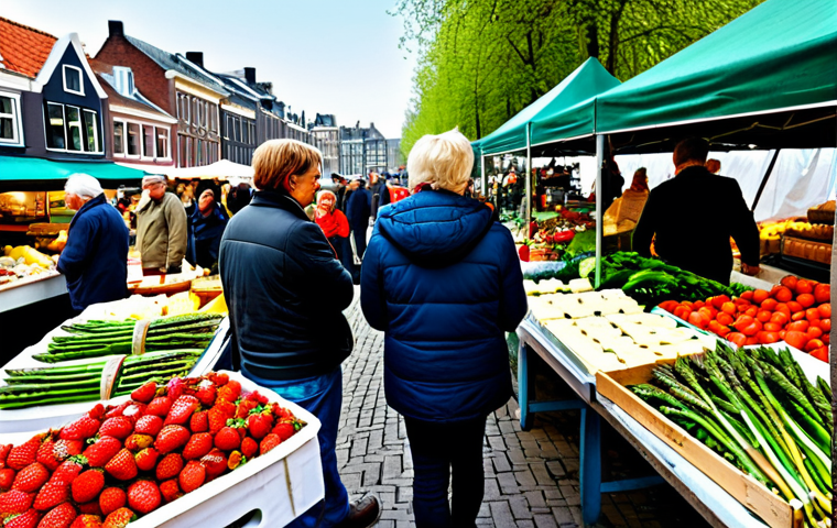 Local Market Scene**
"A bustling Dutch 'boerenmarkt' (farmers market) scene, filled with vendors selling fresh, seasonal produce: asparagus, strawberries, and local cheeses. People are browsing, talking, and buying food. Safe for work, appropriate content, fully clothed. Professional photography, natural lighting, high resolution, perfect anatomy, correct proportions, family-friendly."
**