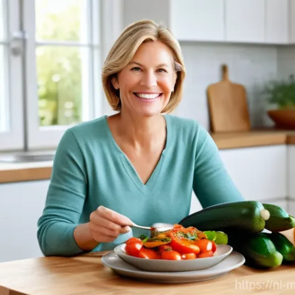 장수 지역의 저염식 레시피 - **Prompt:** A vibrant, healthy Dutch woman, approximately 40-50 years old, with a radiant smile, is ...
