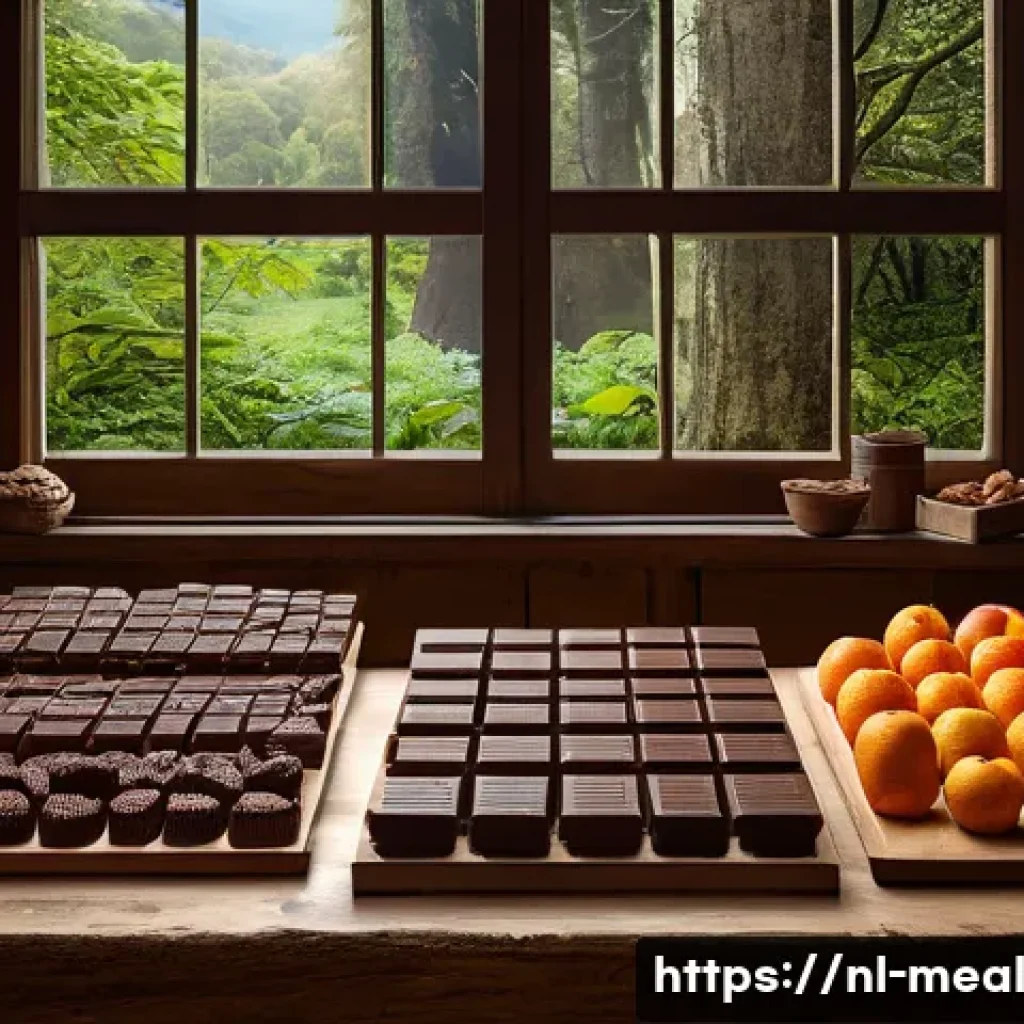 장수 지역의 초콜릿과 건강 - A beautifully arranged artisanal chocolate tasting scene featuring various bars of pure chocolate wi...