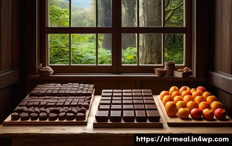장수 지역의 초콜릿과 건강 - A beautifully arranged artisanal chocolate tasting scene featuring various bars of pure chocolate wi...