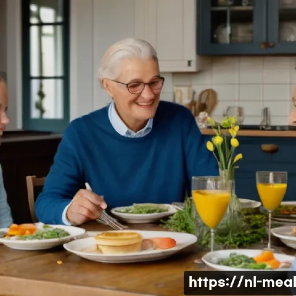 장수 지역의 식사에서의 소통 방식 - A warm and inviting Dutch family dinner scene in a cozy traditional kitchen with natural light, feat...