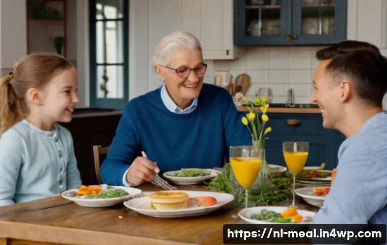 장수 지역의 식사에서의 소통 방식 - A warm and inviting Dutch family dinner scene in a cozy traditional kitchen with natural light, feat...