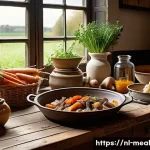 Home 22 장수 지역의 전통 제철 음식 소개 - A rustic Dutch farmhouse kitchen scene featuring a wooden table laden with traditional seasonal dish...