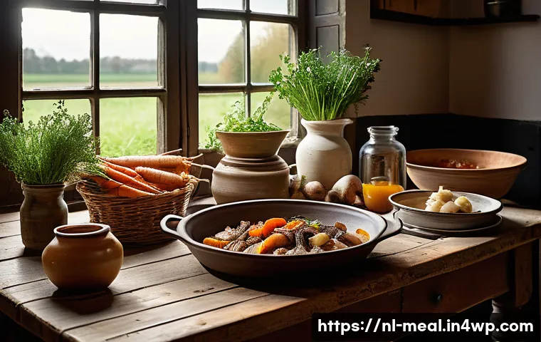 장수 지역의 전통 제철 음식 소개 - A rustic Dutch farmhouse kitchen scene featuring a wooden table laden with traditional seasonal dish...