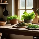 Home 21 장수 지역의 식사에서 느끼는 자연의 맛 - A rustic Dutch farmhouse kitchen scene showcasing a wooden table filled with freshly harvested local...