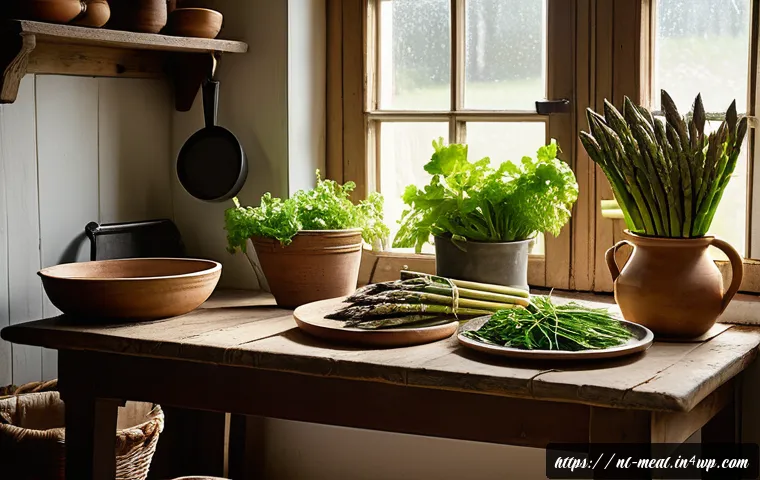 장수 지역의 식사에서 느끼는 자연의 맛 - A rustic Dutch farmhouse kitchen scene showcasing a wooden table filled with freshly harvested local...