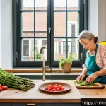 Home 20 장수 지역의 건강한 식단을 위한 요리 수업 - A vibrant Dutch kitchen scene featuring a middle-aged woman preparing a colorful plant-based meal us...