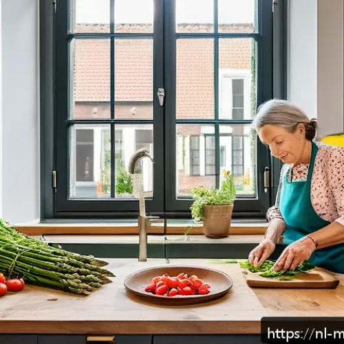 Home 32 장수 지역의 건강한 식단을 위한 요리 수업 - A vibrant Dutch kitchen scene featuring a middle-aged woman preparing a colorful plant-based meal us...