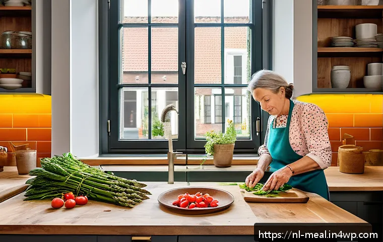 장수 지역의 건강한 식단을 위한 요리 수업 - A vibrant Dutch kitchen scene featuring a middle-aged woman preparing a colorful plant-based meal us...