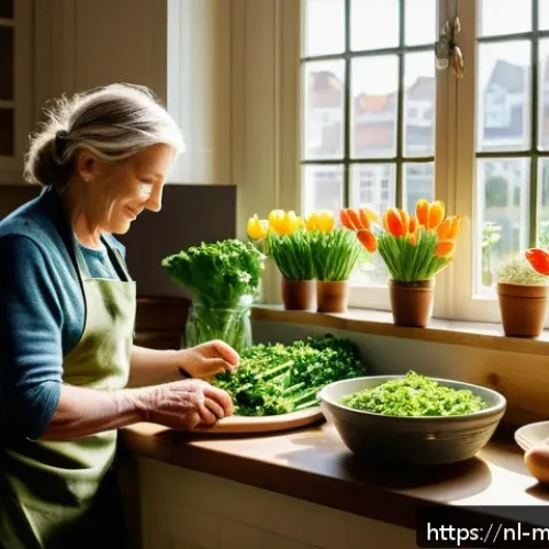 Home 31 장수 지역의 뼈 건강을 위한 식단 - A vibrant Dutch kitchen scene featuring a middle-aged person preparing a nutritious meal with fresh ...