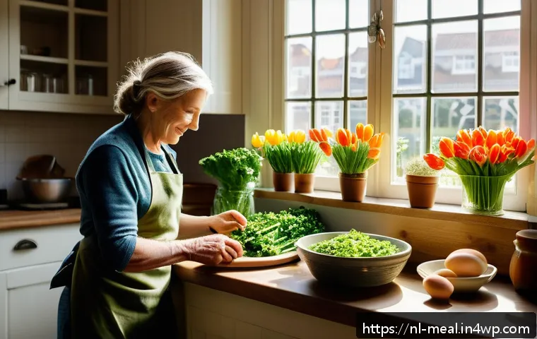 장수 지역의 뼈 건강을 위한 식단 - A vibrant Dutch kitchen scene featuring a middle-aged person preparing a nutritious meal with fresh ...