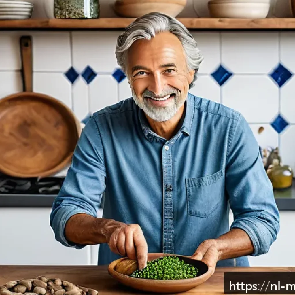장수 지역의 글로벌 식단 트렌드 - A vibrant Dutch kitchen scene featuring a middle-aged person preparing a colorful plant-based meal u...