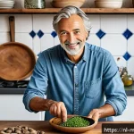 Home 23 장수 지역의 글로벌 식단 트렌드 - A vibrant Dutch kitchen scene featuring a middle-aged person preparing a colorful plant-based meal u...