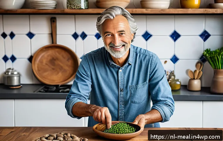 장수 지역의 글로벌 식단 트렌드 - A vibrant Dutch kitchen scene featuring a middle-aged person preparing a colorful plant-based meal u...