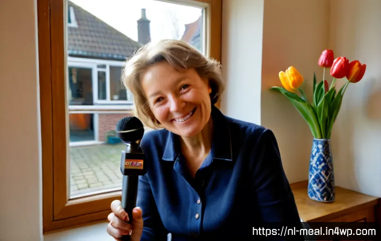 장수 지역의 오래 사는 주민 인터뷰 - Photorealistic documentary-style interview with a cheerful Dutch woman in her late 90s seated beside...