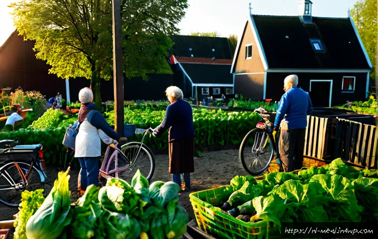 Home 17 장수 지역의 식사에서의 사회적 책임 - Photorealistic documentary-style scene in a Dutch community garden, diverse older adults and younger...
